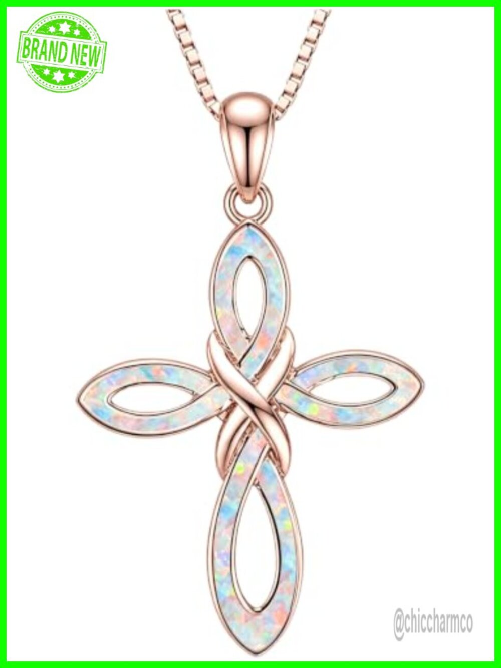 Opal Celtic Cross Necklace, 20 in Cable Chain, Lobster Clasp, Irish Knot Pendant